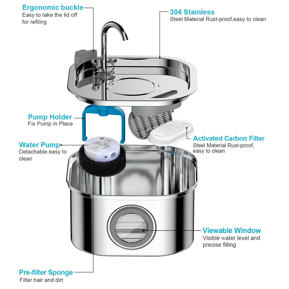 Stainless Steel Cat Wireless Drinking Fountain Rechargeable Automatic Inductior Circulation Filter Silent Pet Drinking Bowl