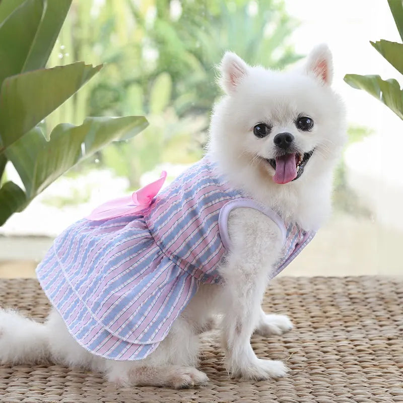 Bow Tie Decorate Dog Fancy Dress Stripes and Lattice Pink Pet Skirt Sleeveless Girl Wedding Party Pet Skirt Clothing for Cats