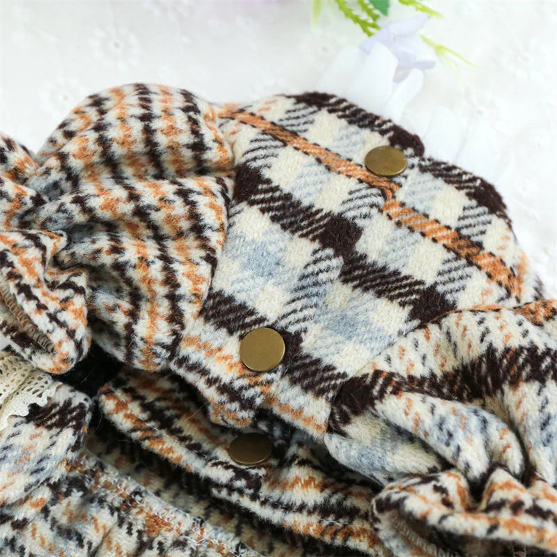 High Collar Small Dog Clothes Plaid Woolen New Year Autumn Winter Brown Overalls for Cats Maillard Fashion Girl Chihuahua Dress