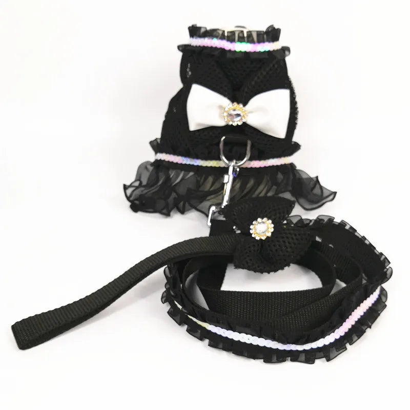 Dog Bow Dress Harness Leash Set for Small Medium Dogs Breathable Mesh Pet Tulle Skirt with Sequins Luxury Design Dog Clothes