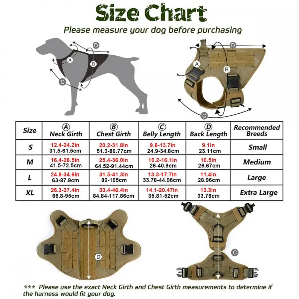 Tactical Training Large Dog Harness Collar Leash Molle Pouches Military Service Dog Vest Heavy Duty Dog Harness for Medium Dogs