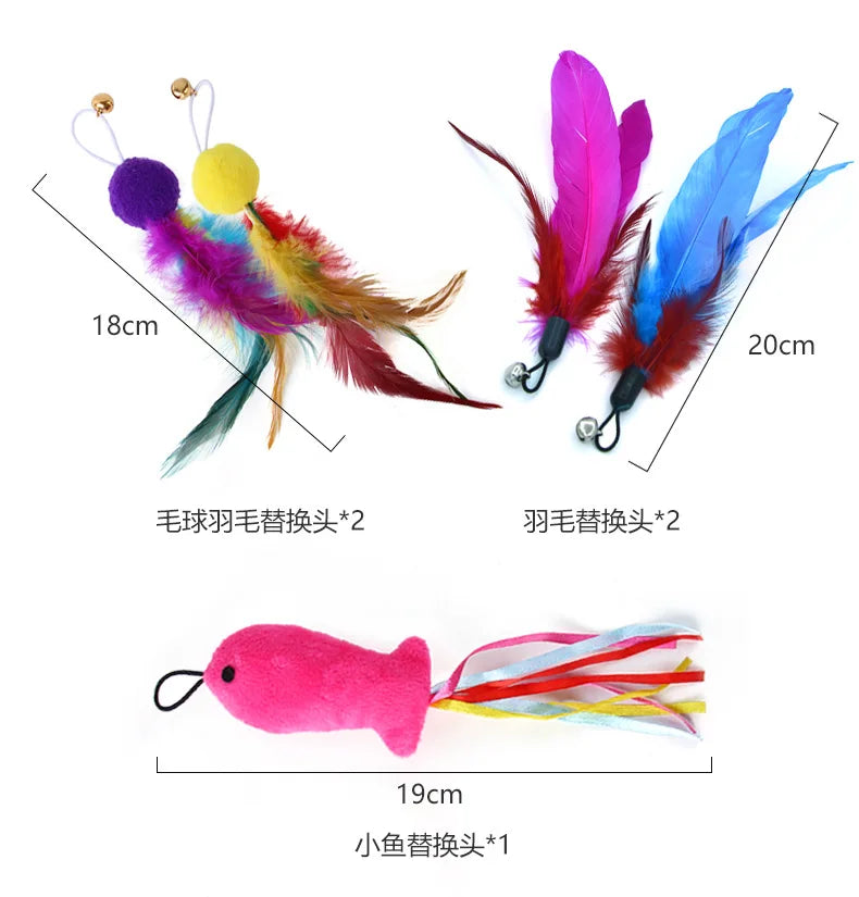 9 Pack Colorful Feather Replacement Head Funny Cat Stick Tassel Feather Feather Fishing Rod Cat Toy Set Cat Toys Interactive