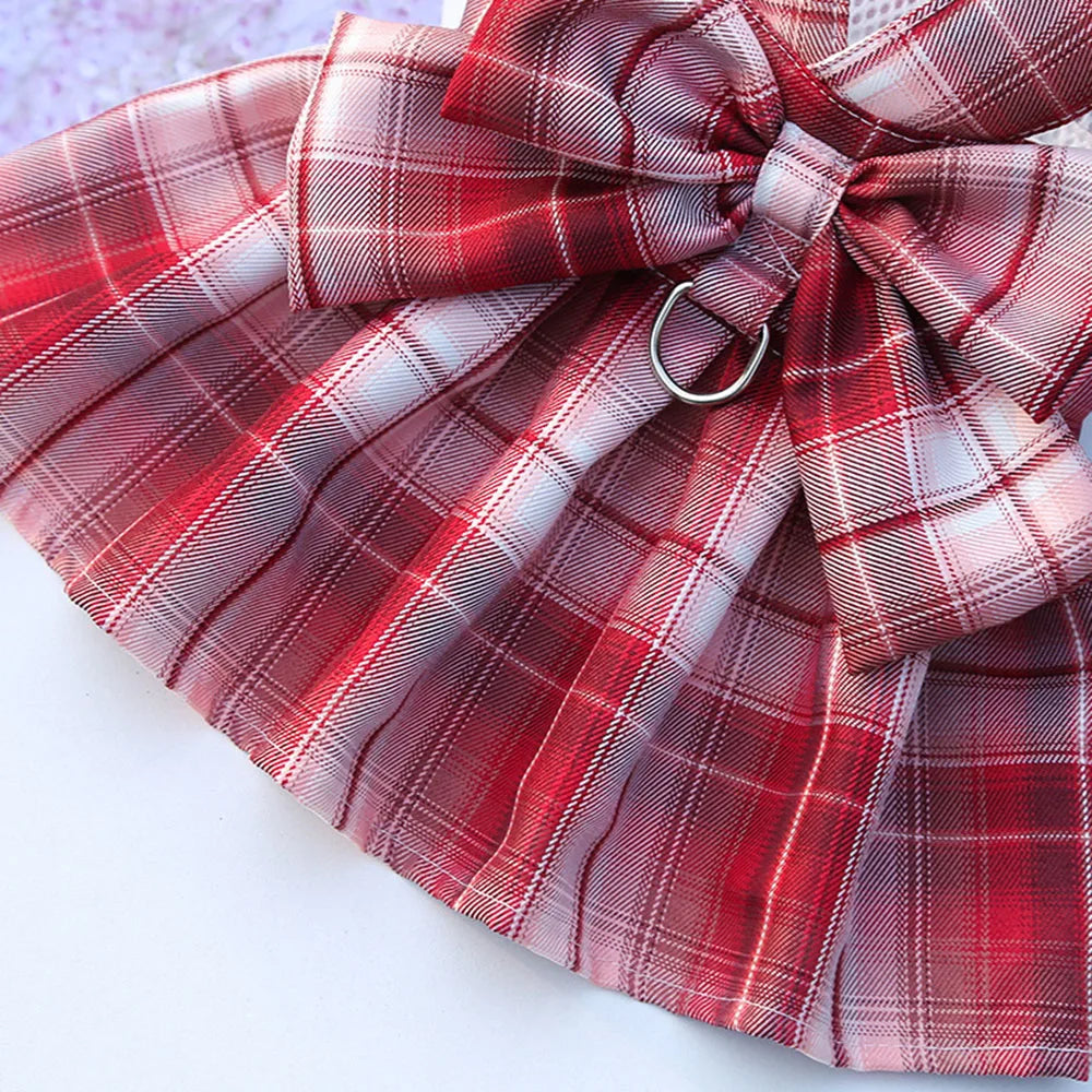Puppy Dog Adjustable Harness Pet Plaid Skirt Cat Dog Vest Type Traction Clothes Small Dog Party Birthday Wedding Bowknot Dress