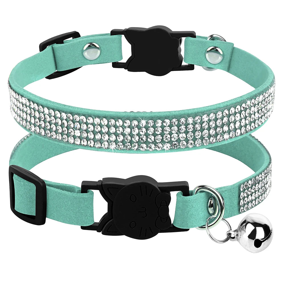 Suede Leather Cat Collar Bling Rhinestone Cats Collars with Bell Safety Breakaway Pet Puppy Necklace Adjustable XS S Pink Soft