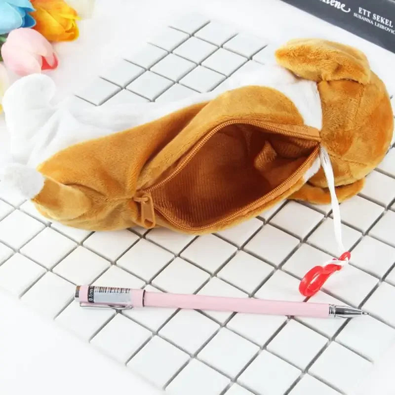 1PC Estuche de lápices de felpa suave para niños y niñas, bolsa de bolígrafos de simulación , lindo perro, papelería escolar