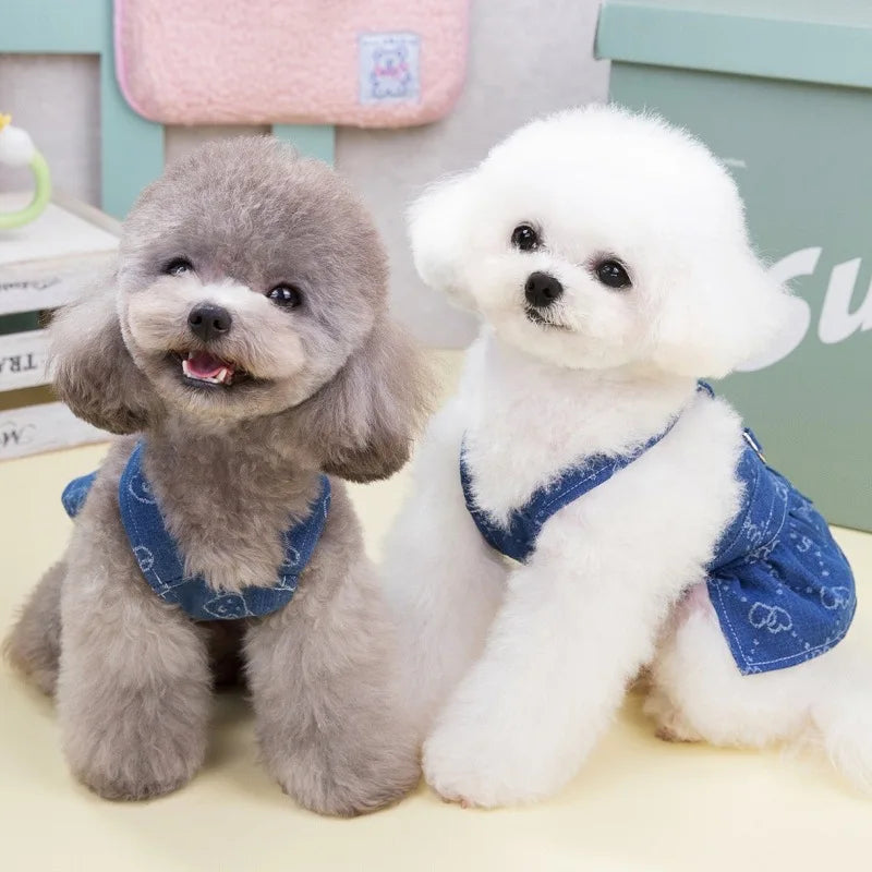 Dog Denim Dress for Small Dogs, Dark Wash Jeans Vest Tutu Skirts with Leash D-ring,Summer Clothes Yorkie Chihuahua Pet Apparel
