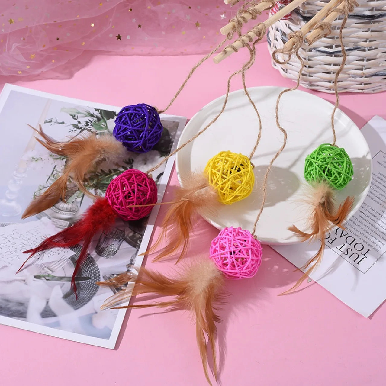 Cat Toy Cat Teaser Sticks Rattan Ball Funny Cat Stick Cat Supplies Funny Cat Ball Toy Interactive Nibbling Cat Rod Feathers