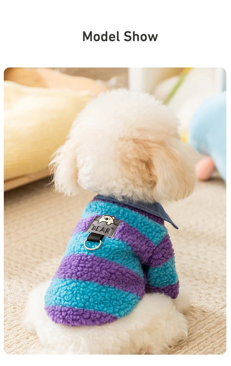 Velvet Warm Pet Cat Sweatshirts Chihuahua Half Sleeve Denim Collar Designer Striped Puppy Winter Clothes Soft Overalls for Yorks