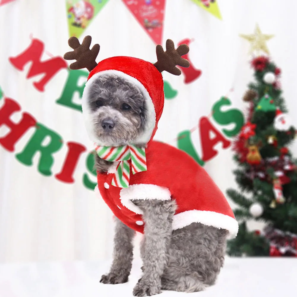 Christmas Dog Clothes Hoodie Pet Dog Sweater Flannel Antlers Scarf Winter Warm Small Dog Outfit Cat Hooded Clothing Costume Coat