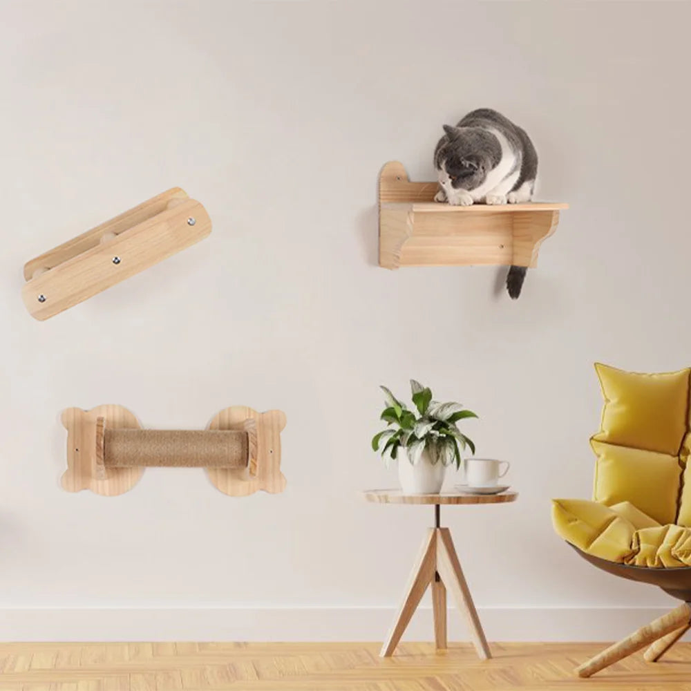 1 Piece Cat Climbing Shelf Wall Mounted Cat Sisal Hammock Cat Stairway with Jumping Platform and Scratching Post Playing
