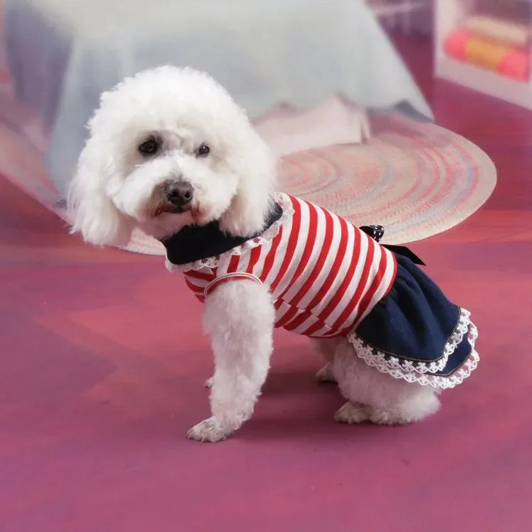 Puppy Dog Pet Stripe Costume Princess Dress Lace Pleated Lapel Stripe Bownot Princess Dress Denim Skirt XS-L Pet Supplies