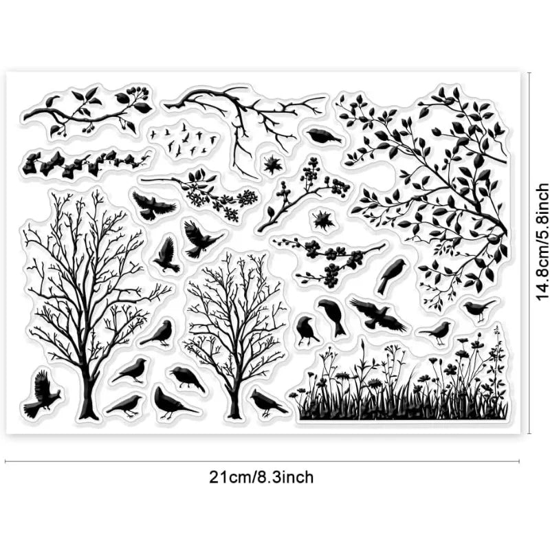 1pcs Bird Branch Silhouette Clear Stamps Birds Trees Clear Rubber Stamps Silicone for DIY Scrapbooking Photo Album 6.3x4.33inch