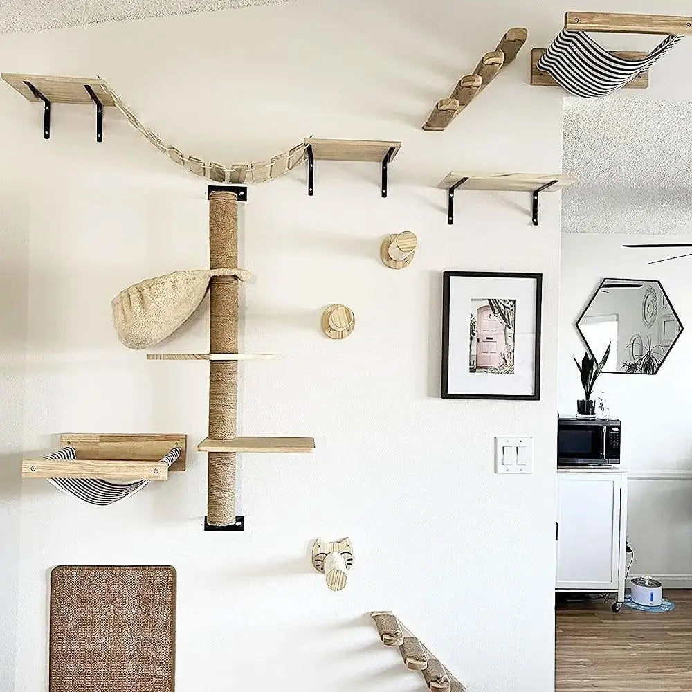 Cat Tree Wall Mounted Cat Climbing Shelves Cat Hammock and Cat Bridge with Ladder or Scratching Post for Cats Playing and Perch