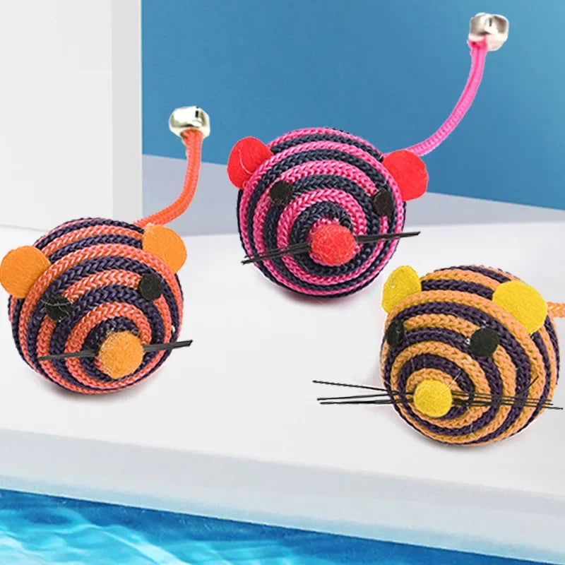 1Pc Pet Cat Toy Lovely Stripe Nylon Rope Round Ball Mouse Toy with Bell Pet Cat Chew Toy Interactive Mouse Ball Pet Products