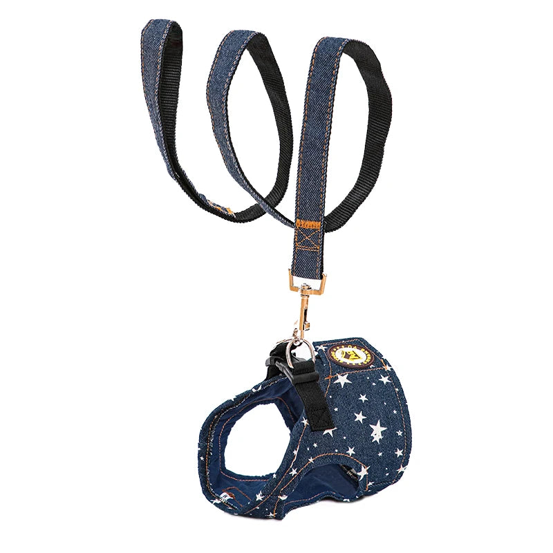 Durable Dog Denim Harness and Leash Set, Adjustable Step in Lightweight Pet Jeans Vest Harness for Small Medium Dogs Bulldog