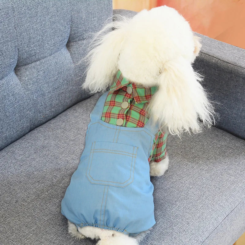 Dogs Clothes Jumpsuits Spring Autumn Denim Sling Plaid Pet T-Shirt Plaid Cat Dress Pet Puppy Skirt Teddy Puppy Clothes Small Dog