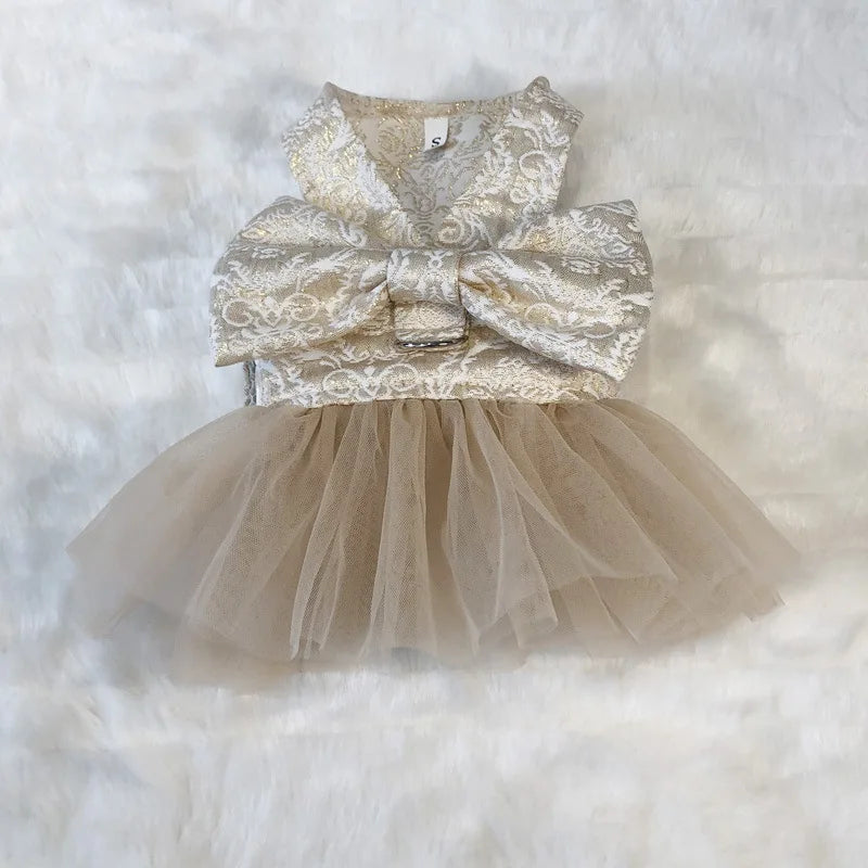 Luxury Embroidery Tulle Dog Dress for Small Medium Dogs Cats, Gold Pet Dress with Bowknot Chihuahua Pomeranian Summer Clothes