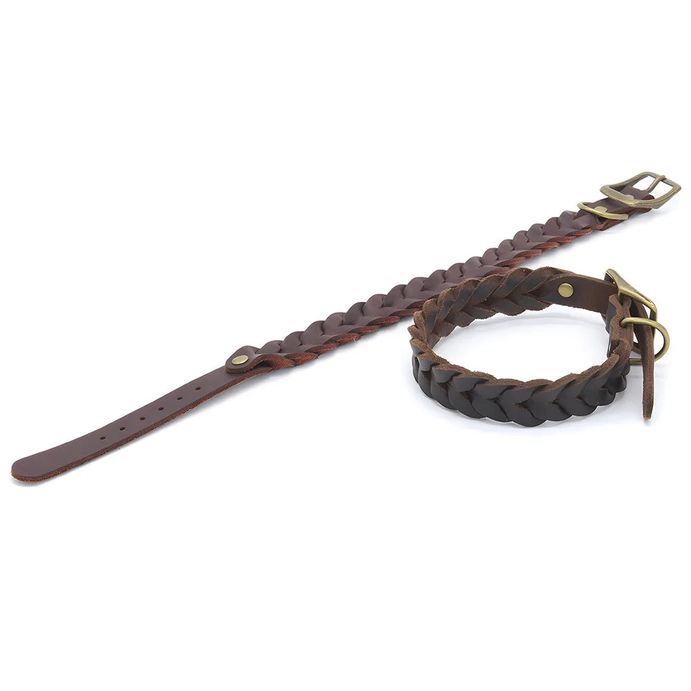 Soft Genuine Leather Braided Dog Collar Adjustable Brown Leather Dog Collar Strong and Durable for Pet Puppy Pug French Bulldog