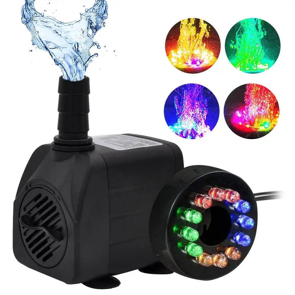 W Ultra Quiet Submersible Water Fountain Filter Fish Pond Aquarium Water Pump Tank Fountain With 12 Lights
