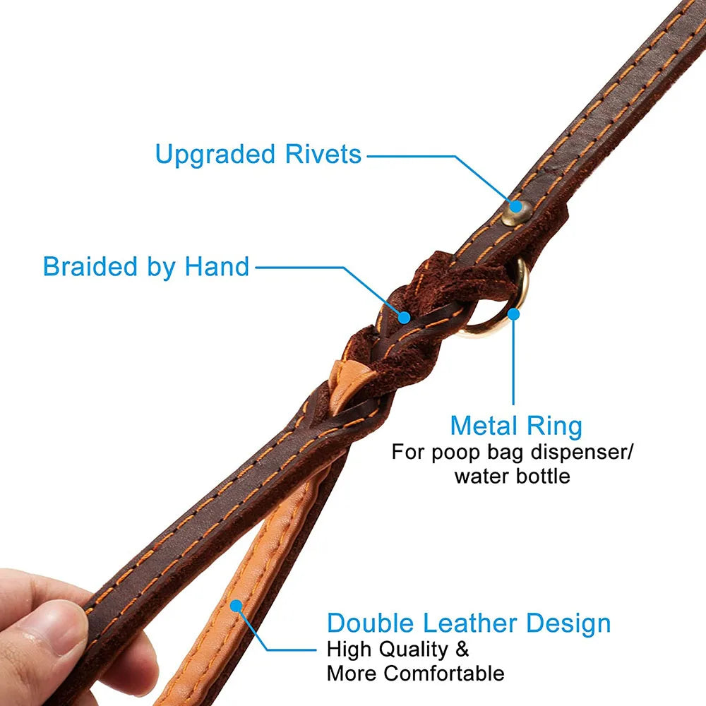 Braided Leather Dog Leash with Traffic Handle Two Handles Leather Dog Leash Leads for Training Bulldog Pit-bull Pet Dog Supplies