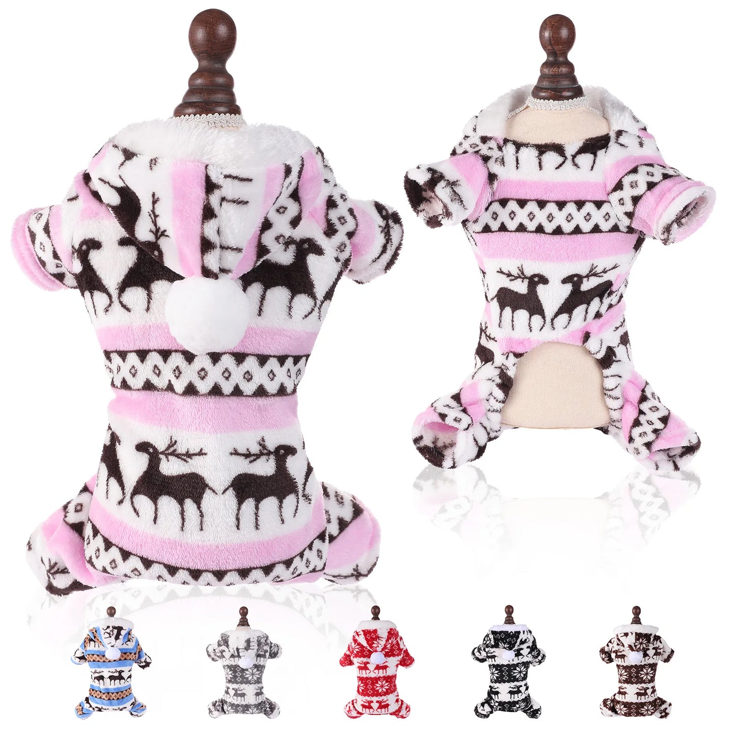 Thermal Coral Fleece Christmas Dog Pajamas Onesie for Small Medium Large Dogs, Reindeer Print Winter Dog Clothes Hooded Jumpsuit