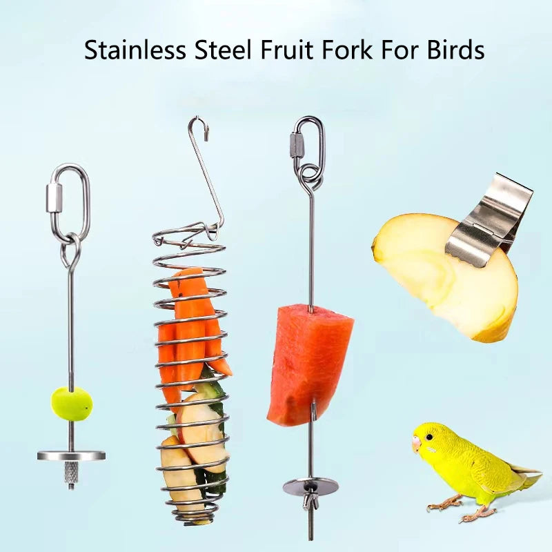Stainless Steel Pet Parrot Feeder Fruit Corn Fork Toys Chicken Vegetables Holder Hang Cage Feeding Stick Feeder Accessories Pet