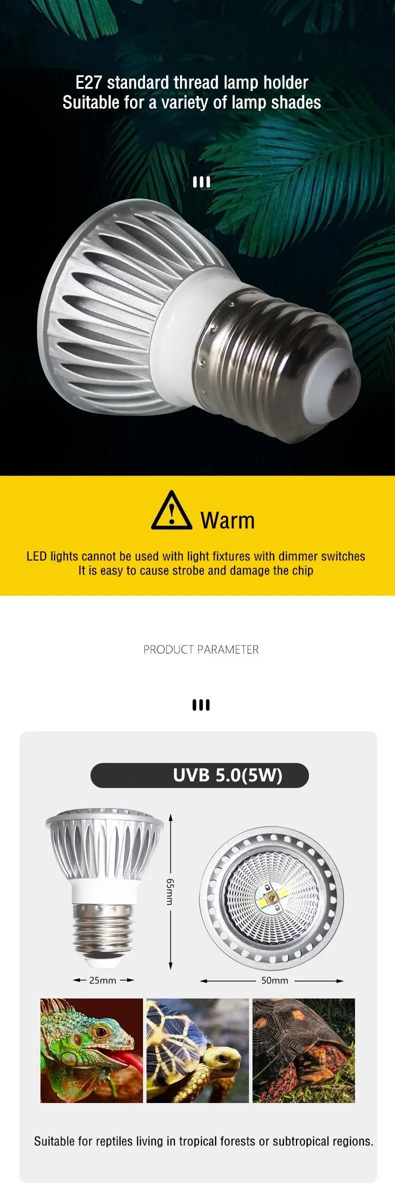 5.0/10.0 Full Spectrum UVA UVB LED Reptile Turtle Basking Light Sun Lamp Sunbathe Heat Lamp for Lizard Reptiles Amphibians