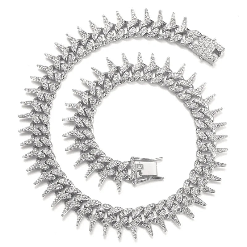13mm Bling Diamond Chain Dog Cat Collar with Spiked Rivet Design, Luxury Gold Cuban Link Dog Collar for Small Medium Large Dogs