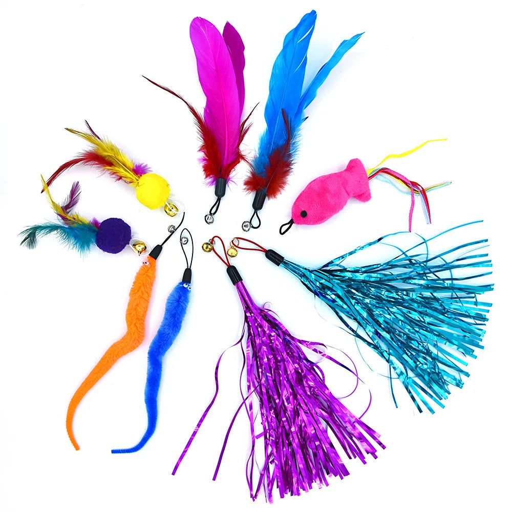 9 Pack Colorful Feather Replacement Head Funny Cat Stick Tassel Feather Feather Fishing Rod Cat Toy Set Cat Toys Interactive