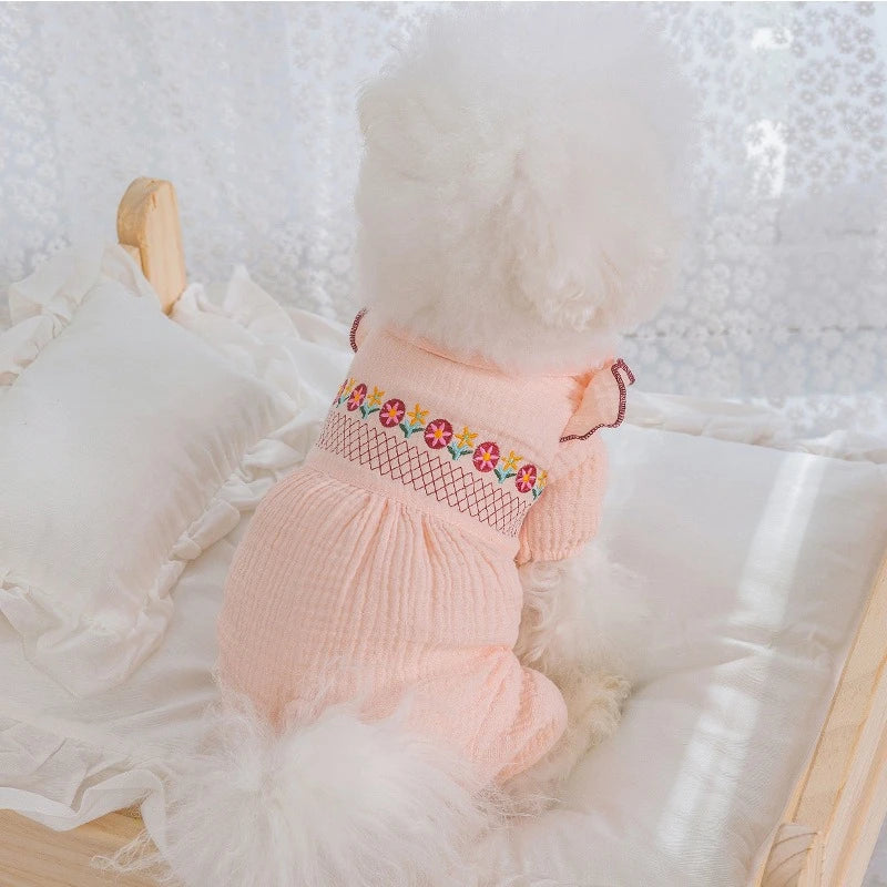 Embroidery Pink Floral Overalls for Dogs Spring Summer Protective Pet Cat T Shirt Female Pure Cotton Chihuahua Small Dog Clothes