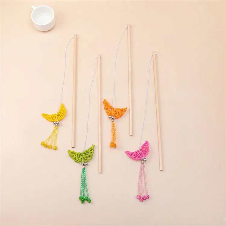 Cat Toy Cat Teaser Sticks Wooden Cat Stick Moon Rattan Molar Bite-resistant Cat Stick Cat Toy