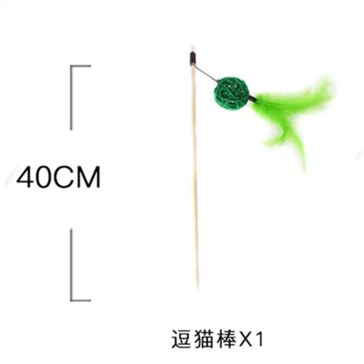Cat Toy Cat Teaser Sticks Rattan Ball Funny Cat Stick Cat Supplies Funny Cat Ball Toy Interactive Nibbling Cat Rod Feathers