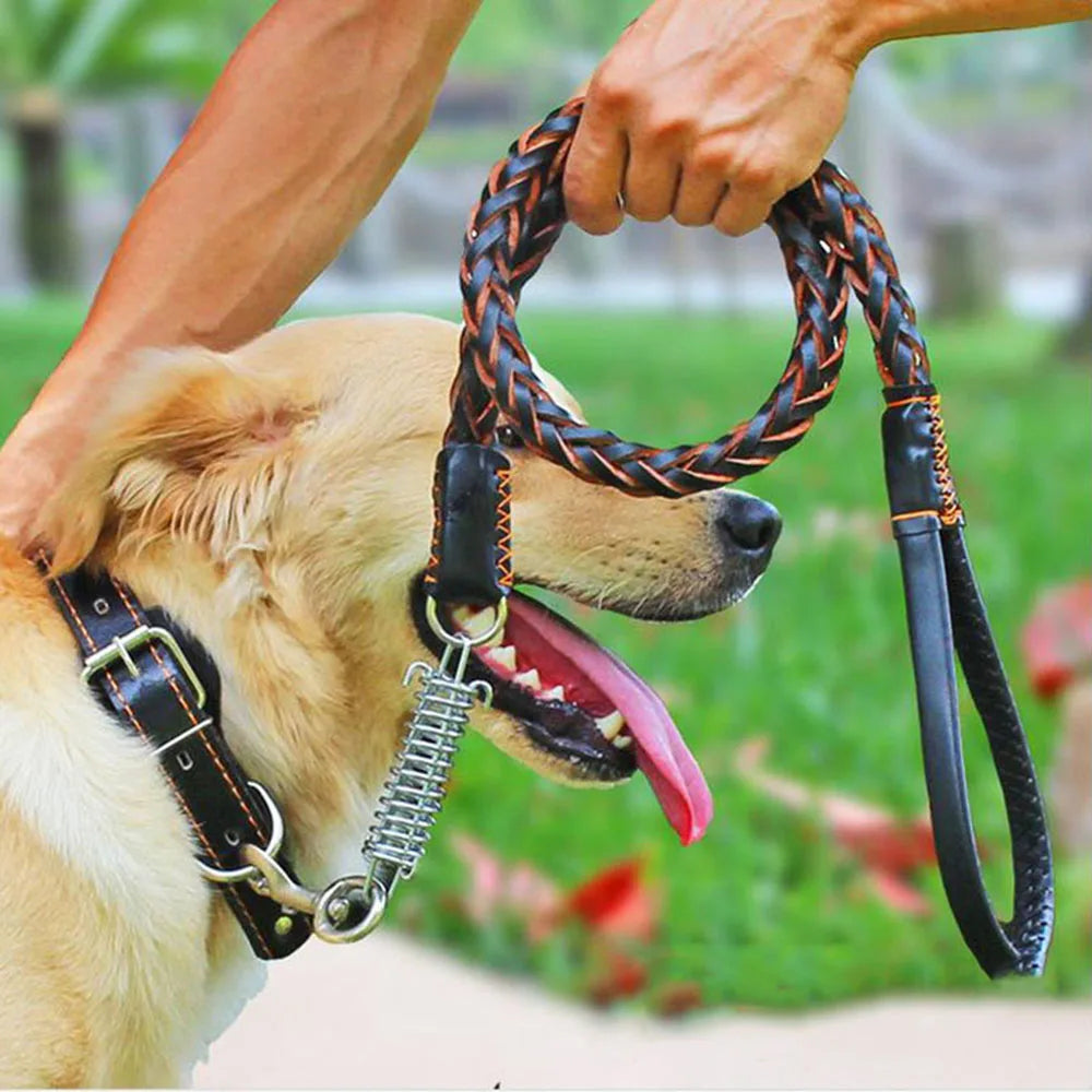 No Pull Leather Dog Leash Durable Cowhide Braided Dog Leash Buffer Spring Design for Training Walking Large and Medium Dogs Pets