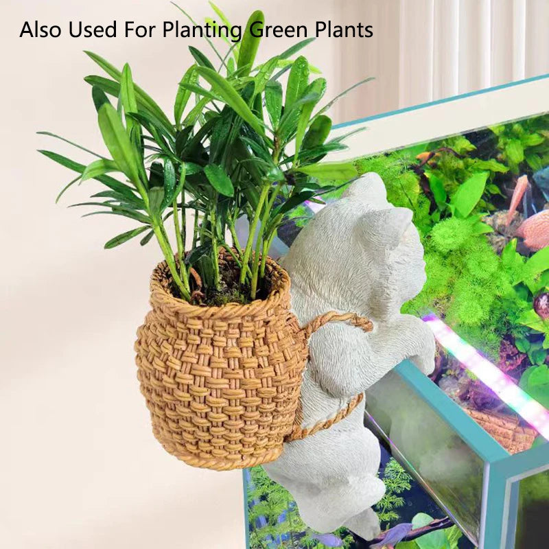 Aquarium Hanging Cat Backpack Hanging Ornaments Fish Tank Tool Storage Basket Desktop Flower Pot Landscaping Decoration Cute