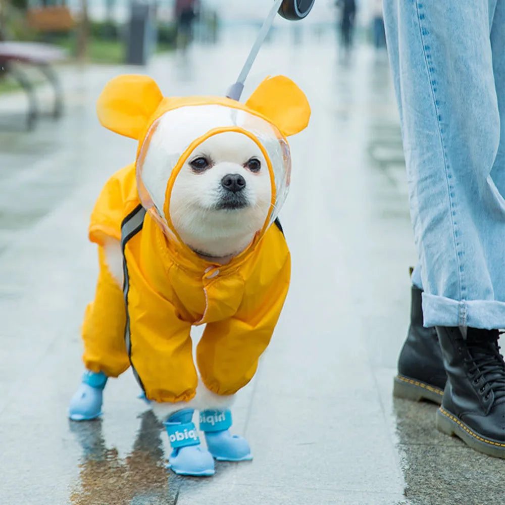 Small Dog All-Body Waterproof Raincoat Funny Animal Shaped Pet Puppy Raincoat Dog Rain Coat Hooded Clothing Outdoor Reflective
