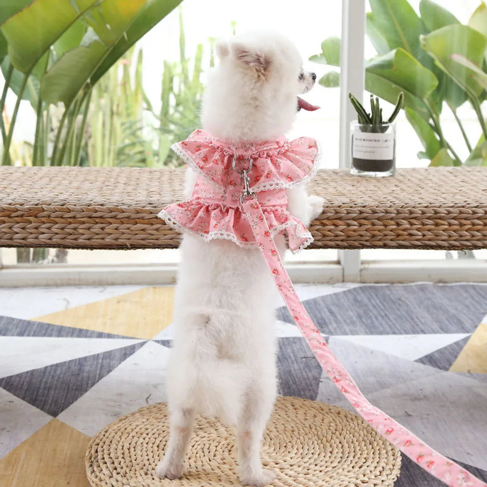 Pink Flower Puppy Harness Mesh Breathable Small Girl Dog Cat Vest Harness Cute Doggy Lace Dress Harness with Leash for Walking