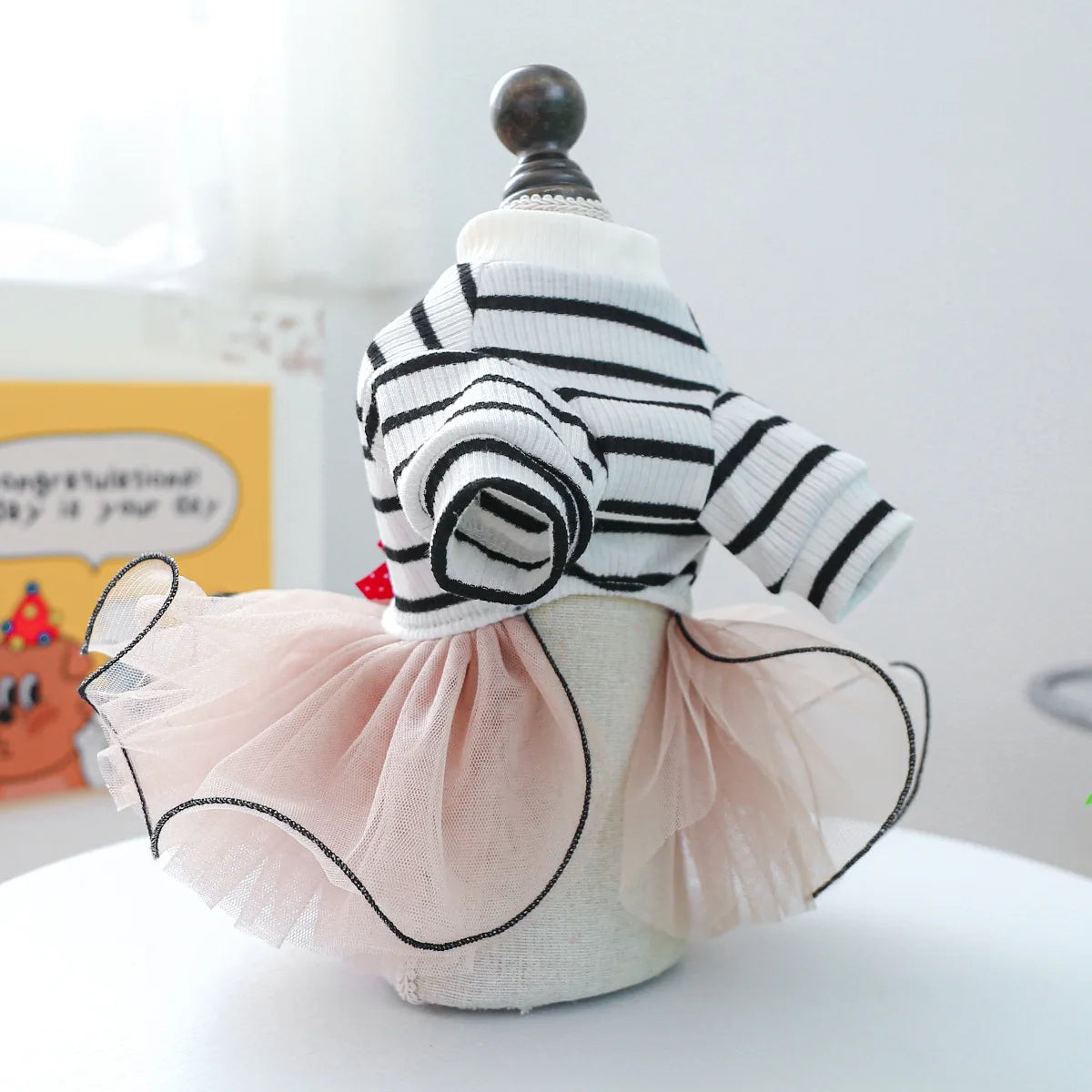 Cute Bear Stripe Dog Dress for Small Dogs, Luxury Tiered Layer Tulle Tutu Dress Princess Skirt Spring Autumn Puppy Pet Clothes