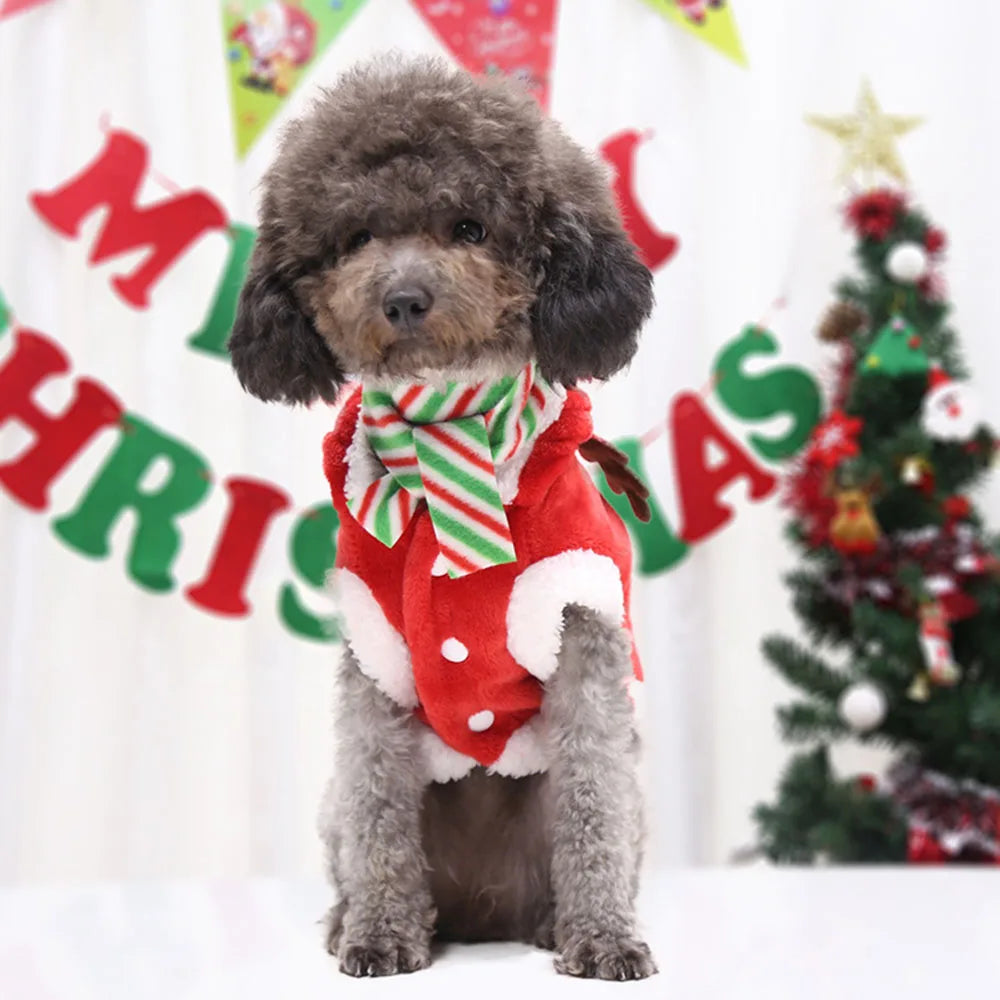 Christmas Dog Clothes Hoodie Pet Dog Sweater Flannel Antlers Scarf Winter Warm Small Dog Outfit Cat Hooded Clothing Costume Coat