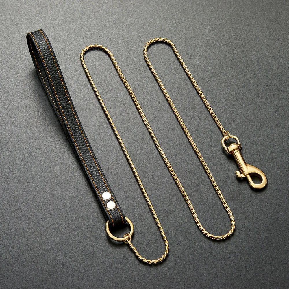 Dog Chain Leash for Dog Collar 18K Gold Sliver Cuban Link Anti-Bite Metal Strong Dog Leash for Walking Training Small Medium Dog