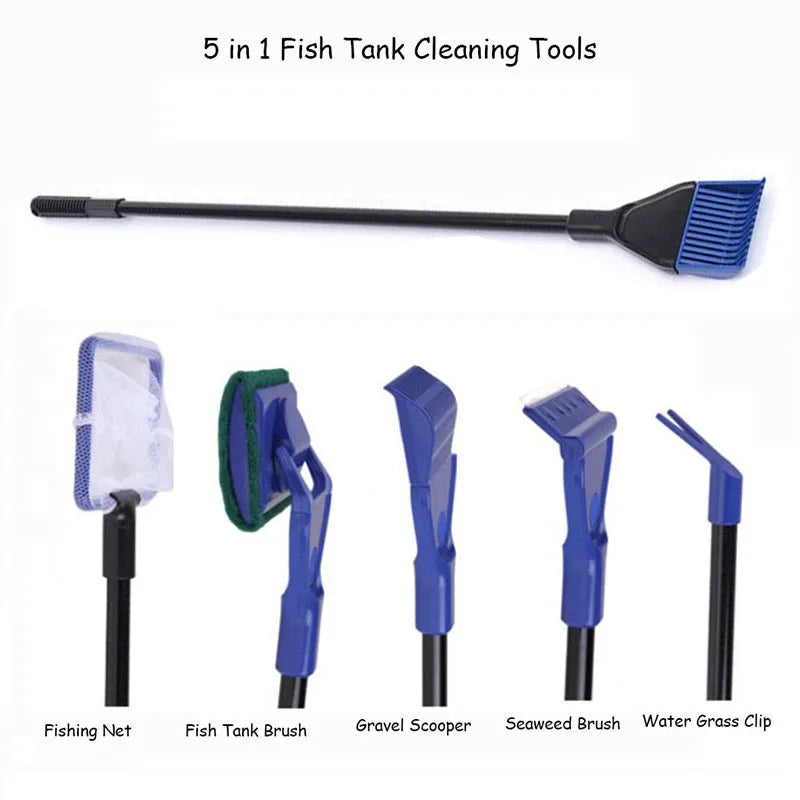 5 in 1 Aquarium Tank Cleaner Set Fish Net Gravel Rake Algae Scraper Fork Sponge Brush Glass Cleaner For Aquarium Cleaning Tools