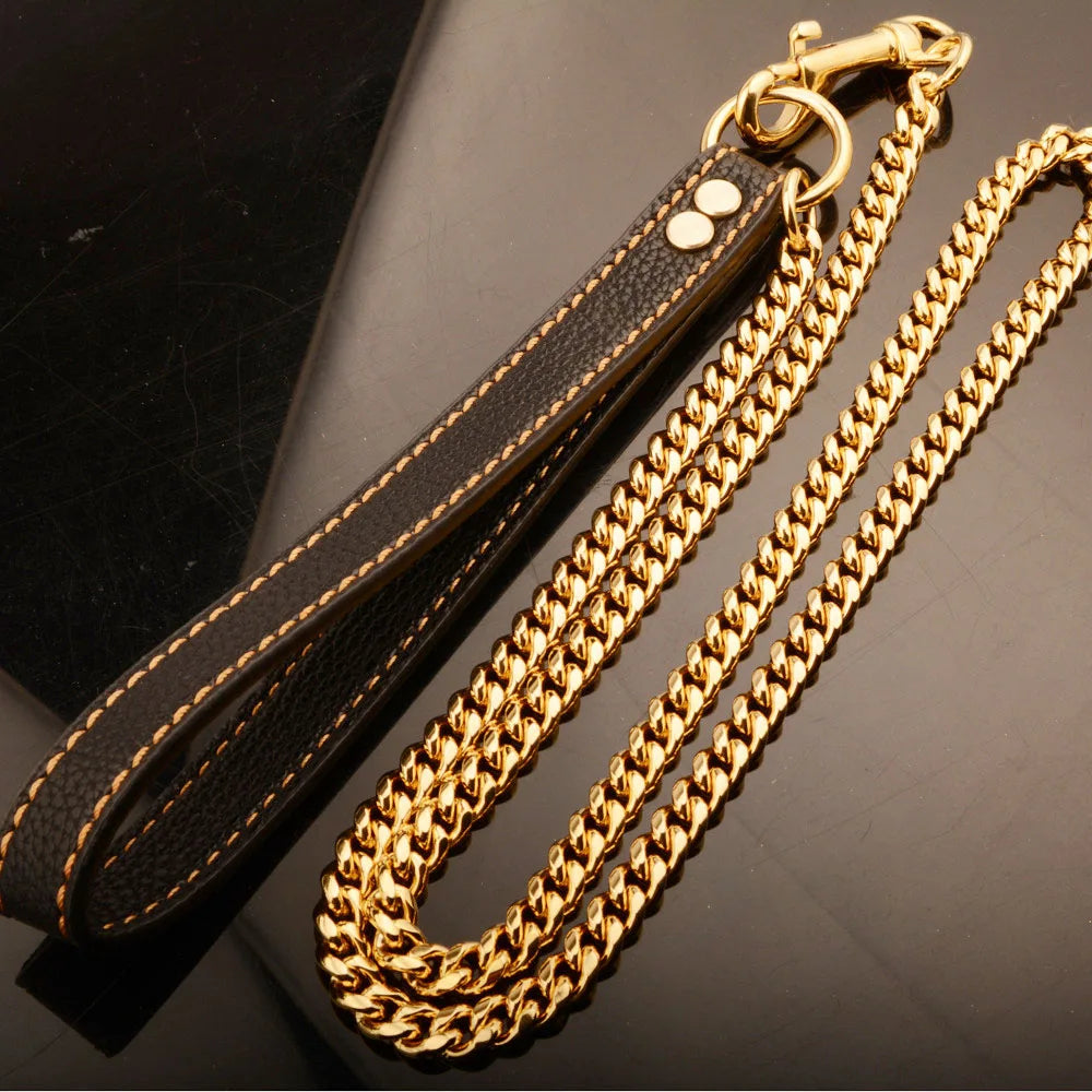 10MM Strong Stainless Steel Dog Chain Leash Heavy Duty 18K Gold Miami Cuban Link Chain with Genuine Leather Handle for Large Dog