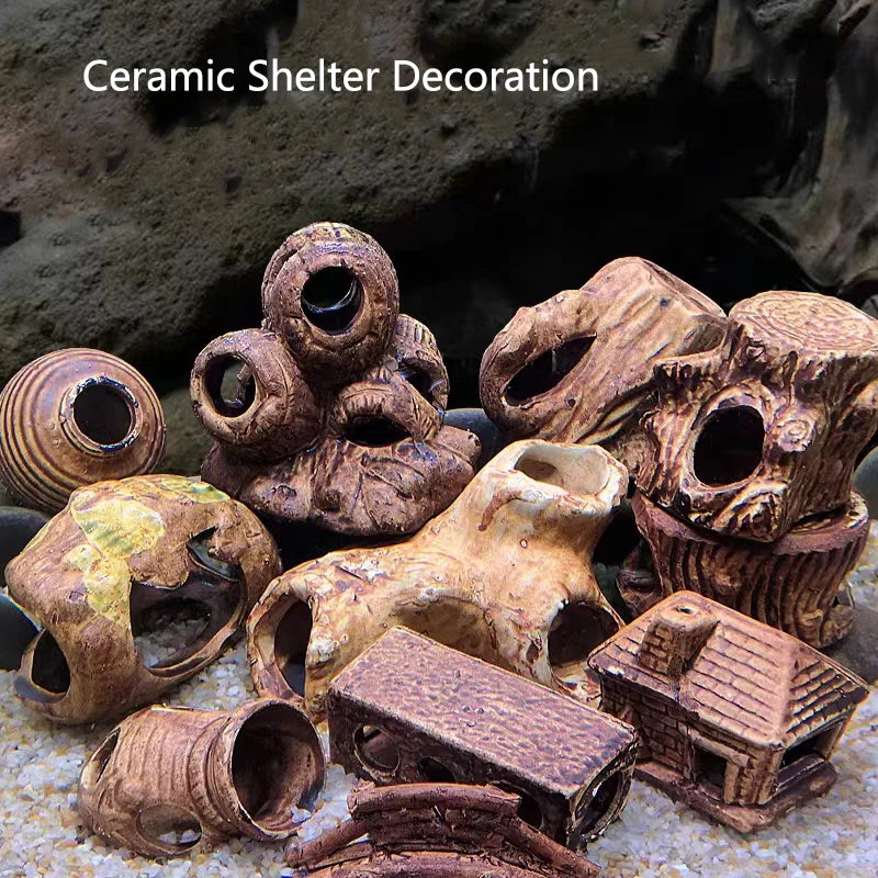 1Pcs Ceramic Aquarium Decoration Fish Shrimps Shelter House Pottery Scorpion House Canister Simulation Stone Fish Tank Decors
