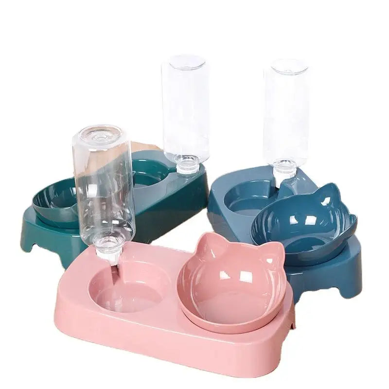 Pet Cat Bowl Automatic Feeder Water Dispenser Dog Cat Food Bowl with Drinking Raised Stand Double Dish Bowls for Cats Dogs Pet