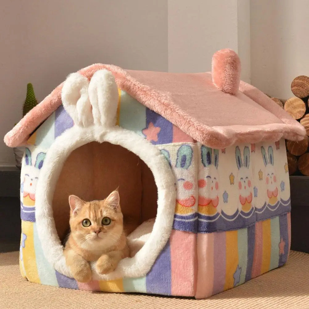 Cute Luxury Cat Villa Cat Bed Winter Warmth Fully Enclosed Removable Cushion Pillow Cat Tent Cat Dog Pet Nest Girl Pink PP Cotto