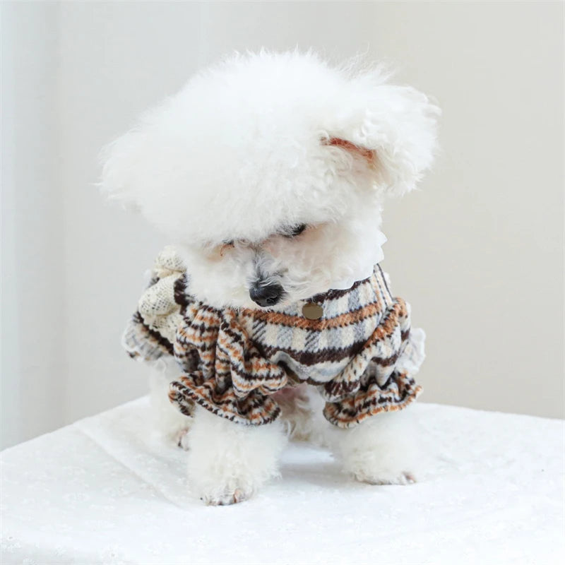 High Collar Small Dog Clothes Plaid Woolen New Year Autumn Winter Brown Overalls for Cats Maillard Fashion Girl Chihuahua Dress