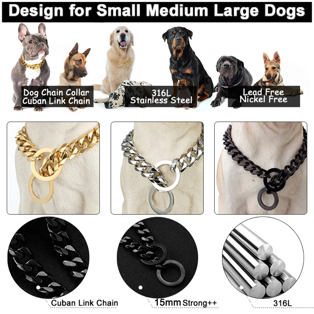 Dog Chain Collar Silvery Golden 15MM Width Cuban Link Chain for Dogs Strong Smooth Stainless Steel Metal Pet Training Slip Chain