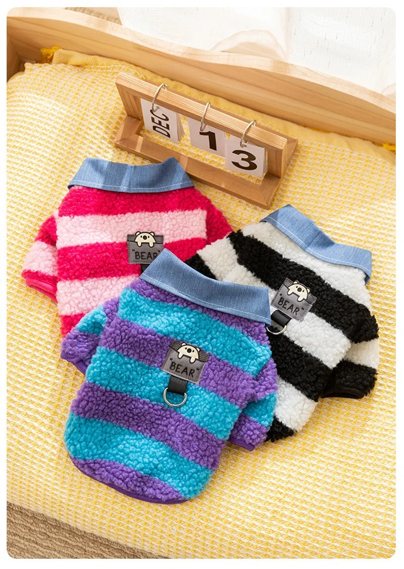 Velvet Warm Pet Cat Sweatshirts Chihuahua Half Sleeve Denim Collar Designer Striped Puppy Winter Clothes Soft Overalls for Yorks