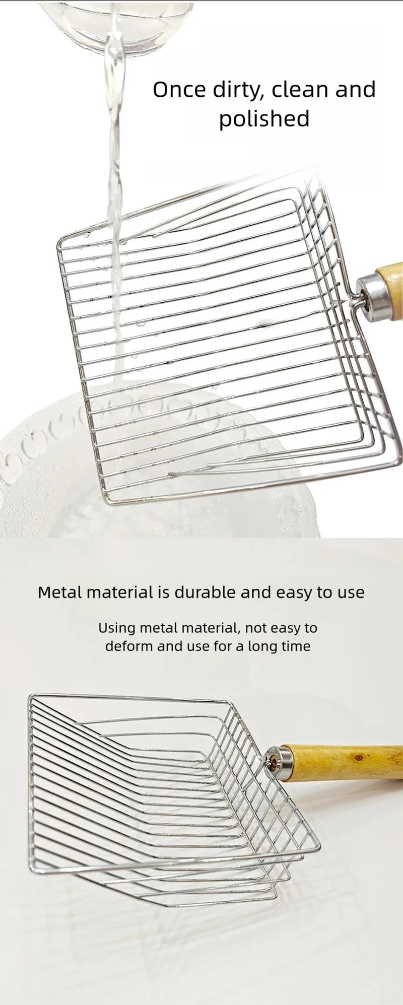Stainless Steel Cat Litter Shovel Wooden Handle Shovel Easy To Clean Good-Looking Reduce Dust Suitable For Small Dog Toilets