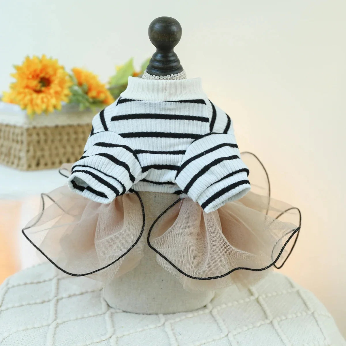 Cute Bear Stripe Dog Dress for Small Dogs, Luxury Tiered Layer Tulle Tutu Dress Princess Skirt Spring Autumn Puppy Pet Clothes