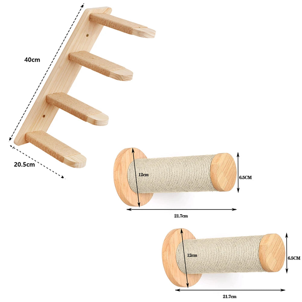 Cat Tree Wall Mounted Climbing Shelves Wooden Platform and Hammock with Cat Step Ladder and Cat Bridge for Kitten Perch Sleeping